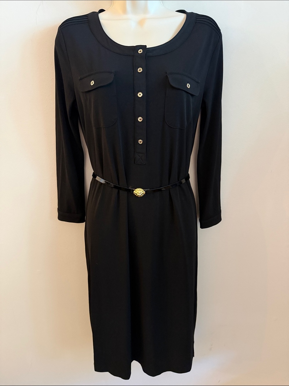 Anne Klein Black Long-Sleeve Midi Shirt Dress with patent leather Lionhead belt